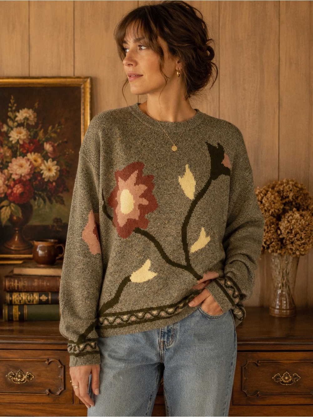Vintage John Meyer Floral Intarsia Oversized Knit Sweater Gray Pink Green Size S